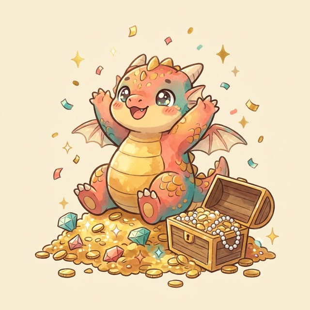 A happy baby dragon sitting on a pile of gold and gems