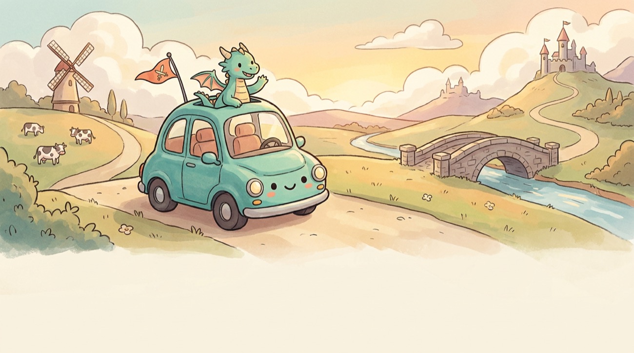A smiling teal car with a baby dragon waving from the sunroof drives toward castle hills